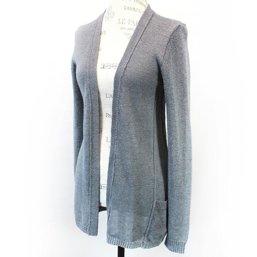 360 Sweater Gray Open Knitted Cardigan Pocket Long Sleeve Linen Blend Medium